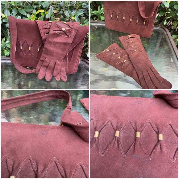 Vintage Brown Suede Glove & Matching Shoulder Bag Set with Gold Accents - Picture 2 of 4